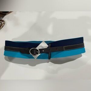 Loft, leather, elastic white belt navy aqua blue 2 inch size XS. NWT.